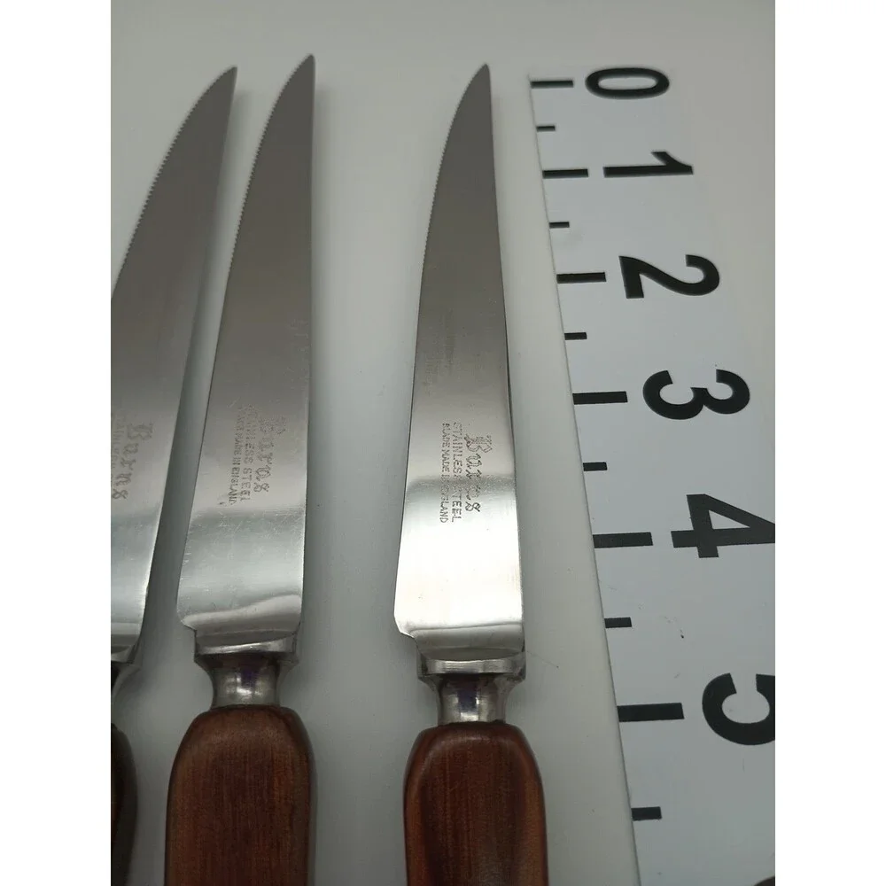 6 Vtg Burns Steak Knives Stainless Steel Blade Wood Handle England
